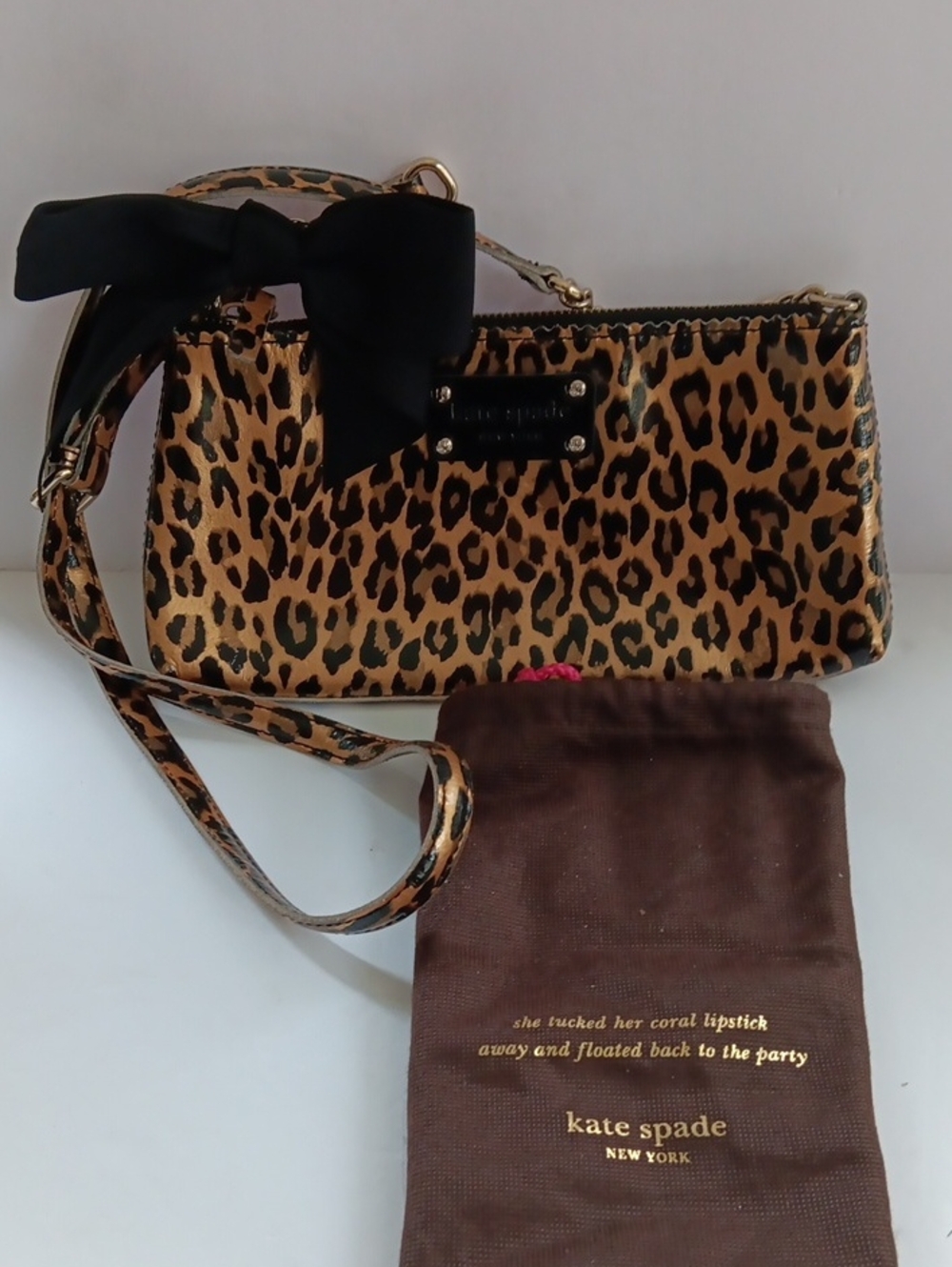 Kate Spade Metallic Gold Patent Leather Leopard Print Crossbody Black Bow Accent